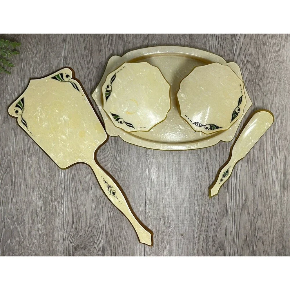 VTG Pyralin Celluloid Pearlized Vanity Set Tray Mirror Shoe Horn Powder Boxes